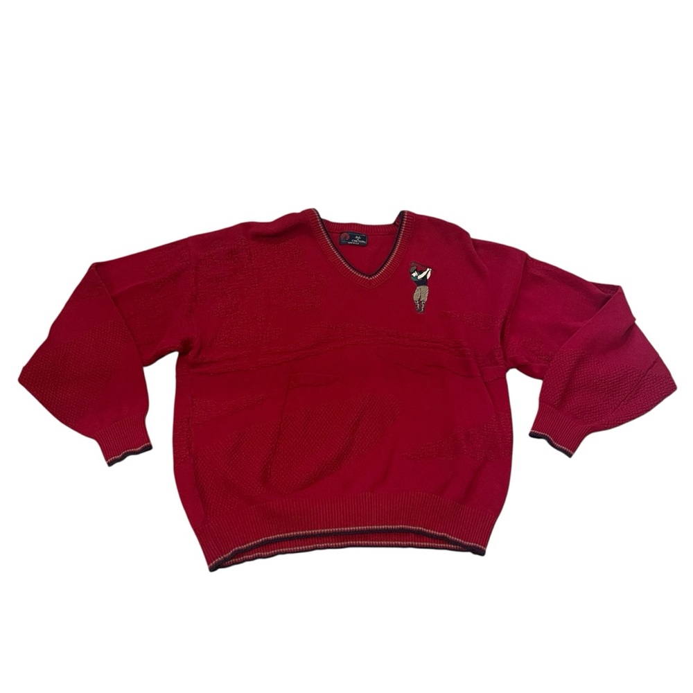 Vintage Isle Of Cotton Mens Red V-Neck Embroidered Golf Sweater- Size XXL